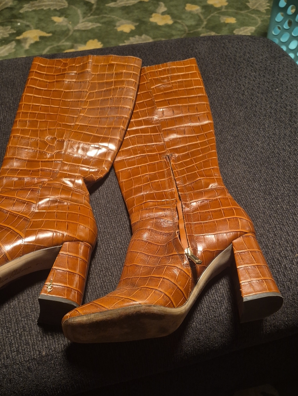Cognac Croc-Embossed Knee Boots - Women